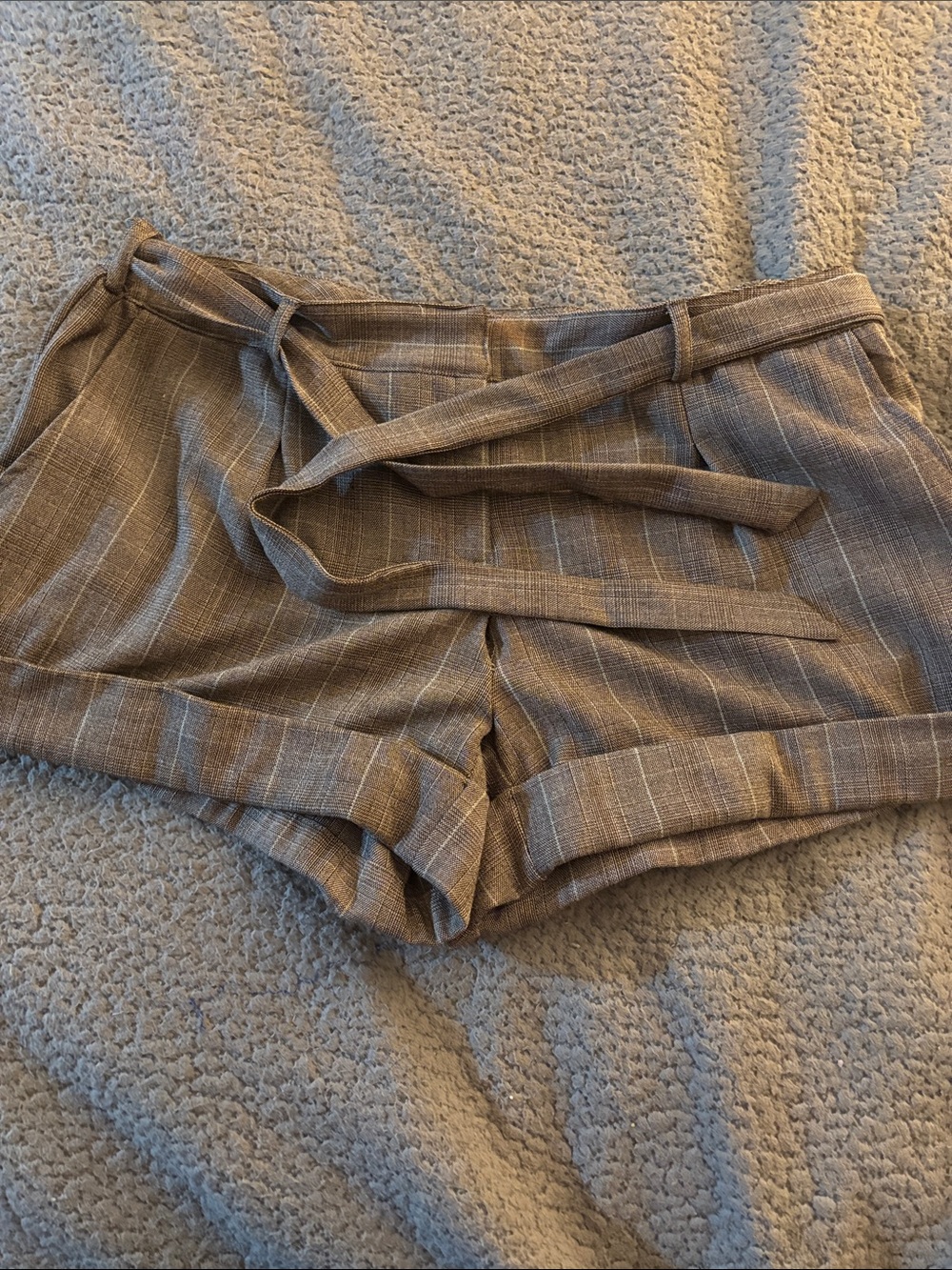 High-Rise Taupe Plaid Belted Women's Shorts